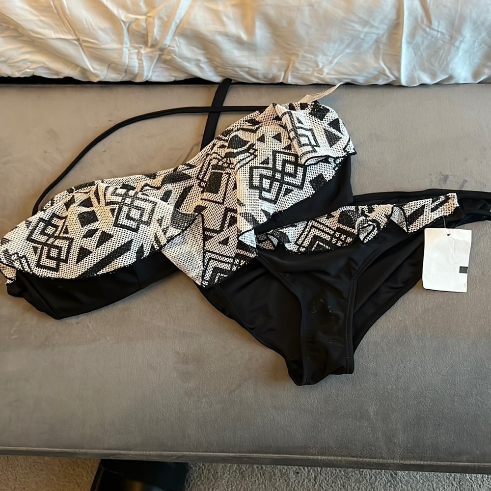 Miken Bandeau Halter Bikini Black White Brand New Size L